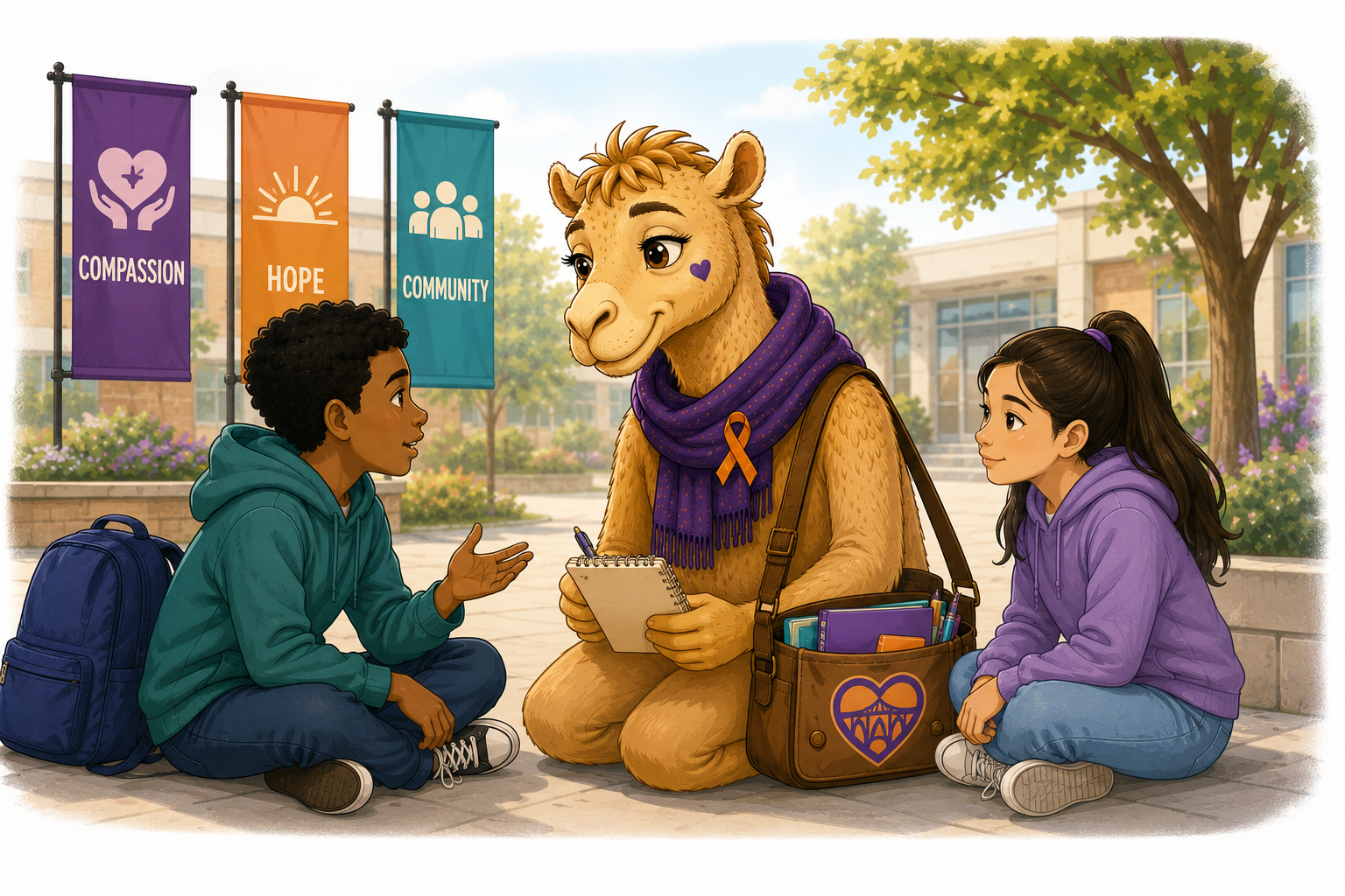 Cammie, The Camel Project Ambassador, listening to students during Operation Safe Lives.